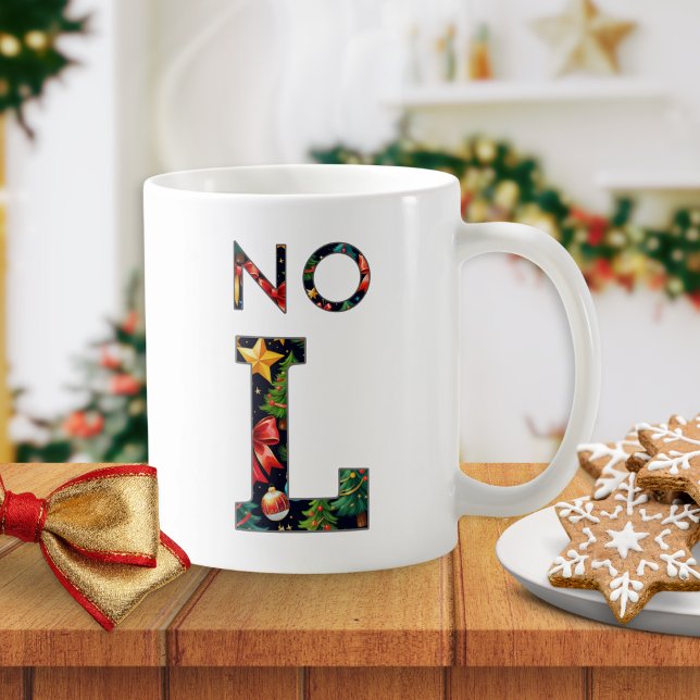 Taza De Café "No L" Pun Humor Personalized Christmas Funny (A funny Christmas mug with 'No L' caption in colorful letters, with custom name on the back)