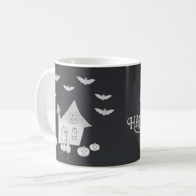 Taza De Café Noche de Halloween con casa embrujada, murciélagos (Anverso izquierdo)