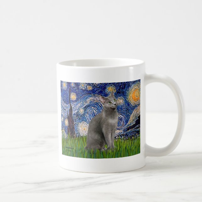 Taza De Café Noche estrellada - gato azul ruso (Derecha)