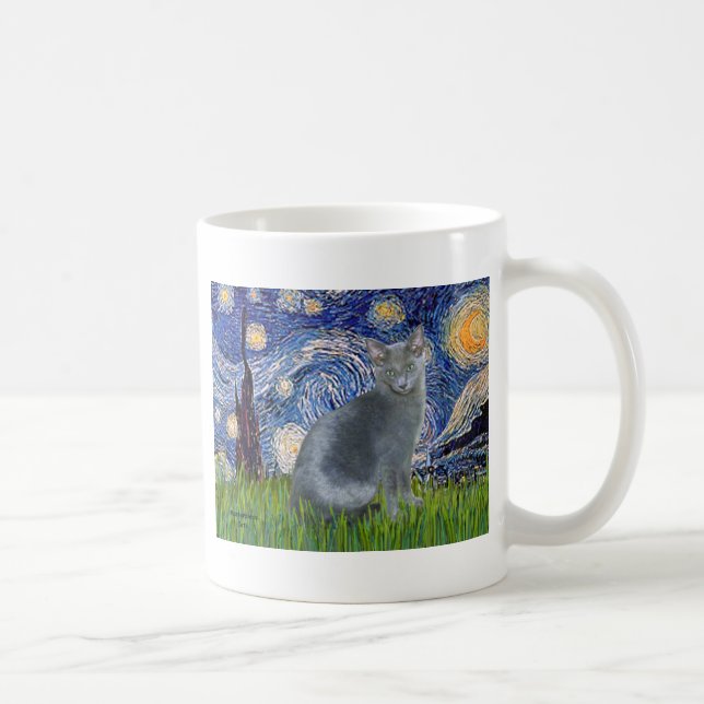 Taza De Café Noche estrellada - gato azul ruso 2 (Derecha)