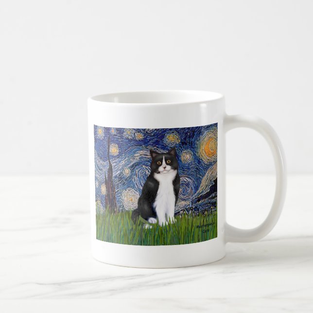 Taza De Café Noche estrellada - Gato negro y blanco (Derecha)