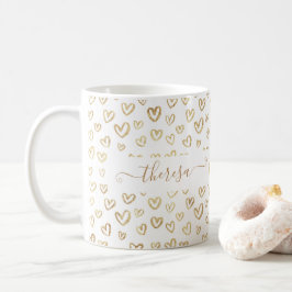 Taza De Café Nombran Personalizado de Girly Gold Hearts