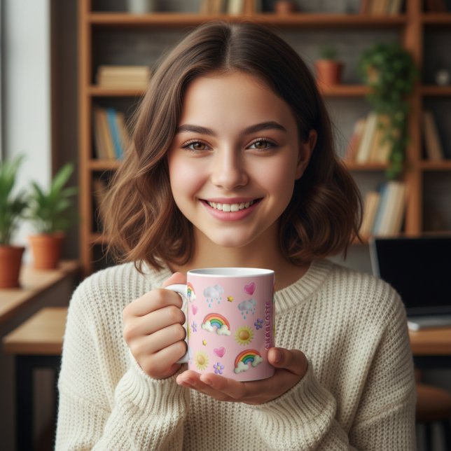 Taza De Café Nombre 3D lindo Nubes arcoiris Estrellas Sol y Mug (Cute 3D Inflated Puff Raibow, Heart, Clouds, Flower, Stars & Sun Pattern Personalized Girl's Name)
