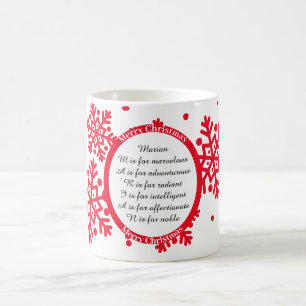 Taza De Café Nombre artístico del copo de nieve rojo y blanco e