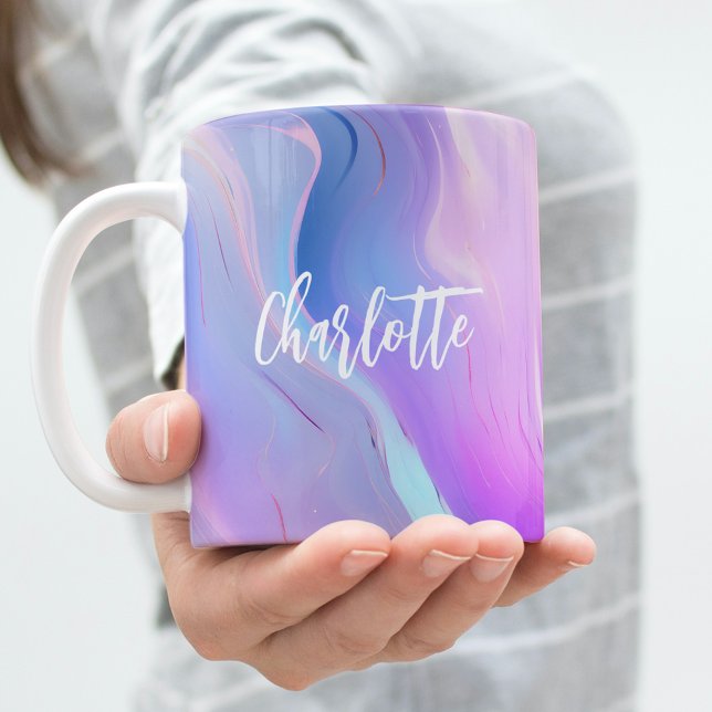 Taza De Café Nombre azul morado holográfico rosa (Subido por el creador)
