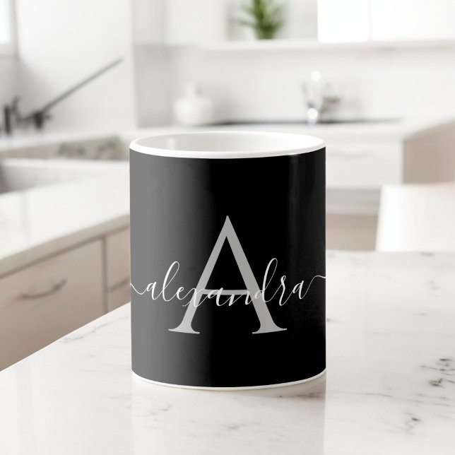 Taza De Café Nombre blanco negro Monograma inicial Elegante gui (Subido por el creador)