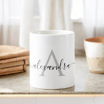 Taza De Café Nombre blanco negro Monograma inicial Elegante gui<br><div class="desc">Monograma elegante blanco y negro con letra manuscrita y tafetán de café inicial. La taza es el regalo perfecto para alguien a quien le encantan los colores modernos y elegantes de la moda para un cumpleaños, boda, vacaciones de Navidades, ducha de novia o regalo especial para ocasión. Póngase en contacto...</div>