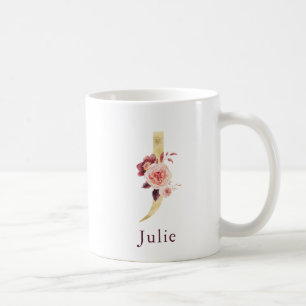 Taza De Café Nombre Borgoña y Monograma Floral Rosa Letra J