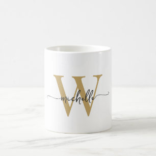 Taza De Café Nombre con guión de monograma dorado y blanco con 