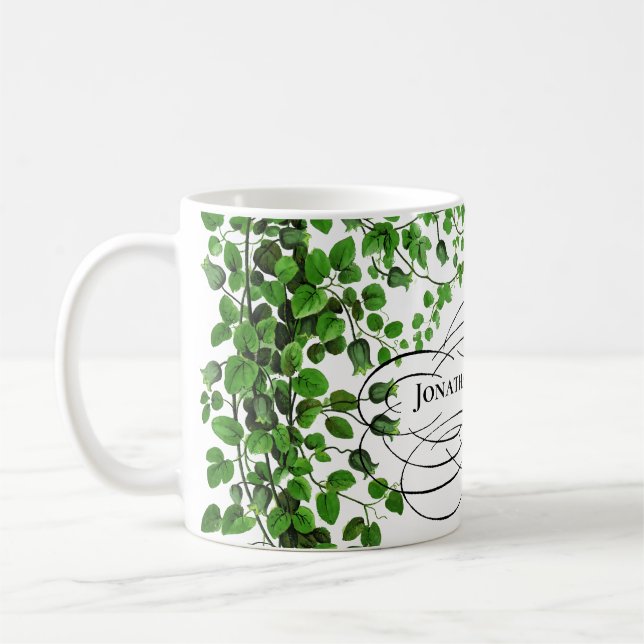 Taza De Café Nombre con monograma botánico de la hiedra verde (Izquierda)