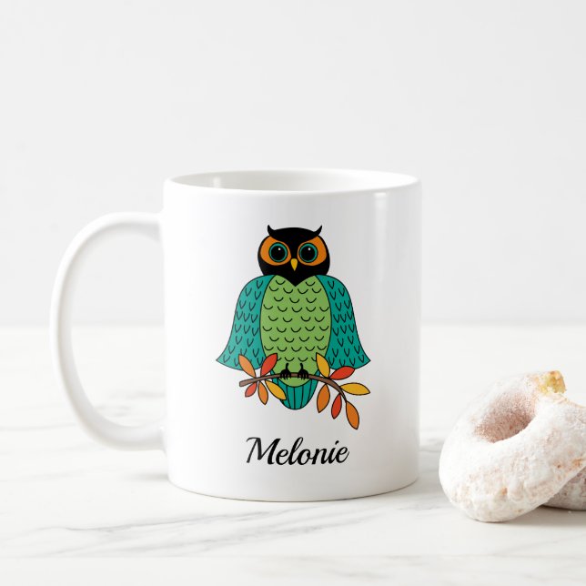 Taza De Café Nombre con monograma del búho verde azulado del (Con donut)