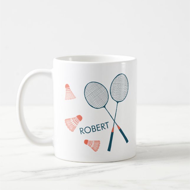 Taza De Café NOMBRE CUSTOGRÁFICO DEL Racquet de Bandminton Bird (Izquierda)