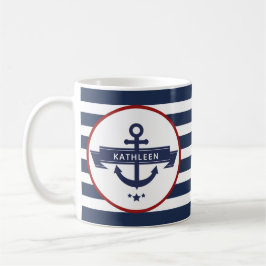 Taza De Café Nombre de ancla náutica rayas azul marino