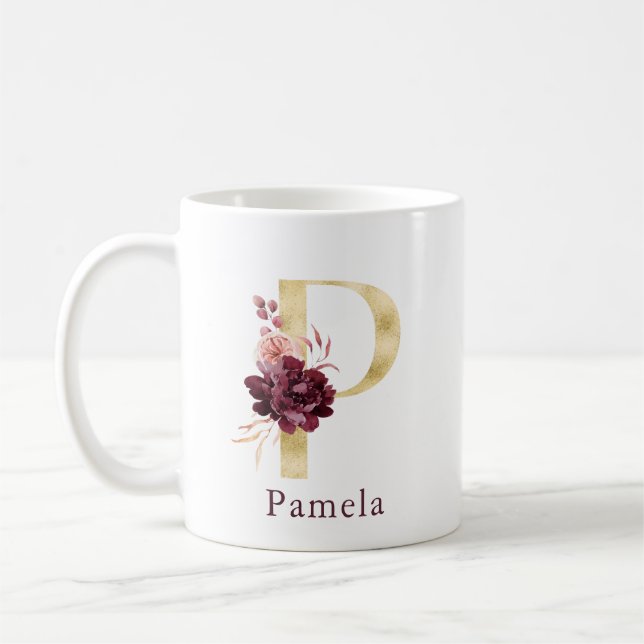 Taza De Café Nombre de Borgoña y letra rosada floral monograma  (Izquierda)