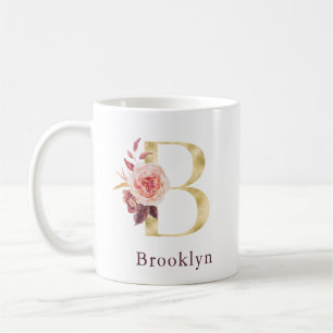 Taza De Café Nombre de Borgoña y Monograma Floral Rosa Letra B