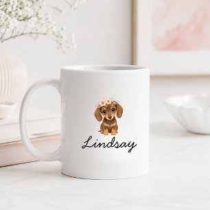Taza De Café Nombre de cachorro Dachshund floral personalizado