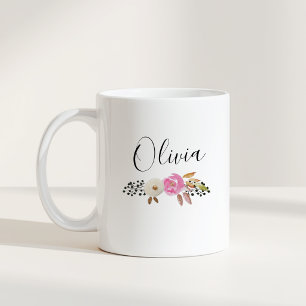 Taza De Café Nombre de caligrafía floral moderna
