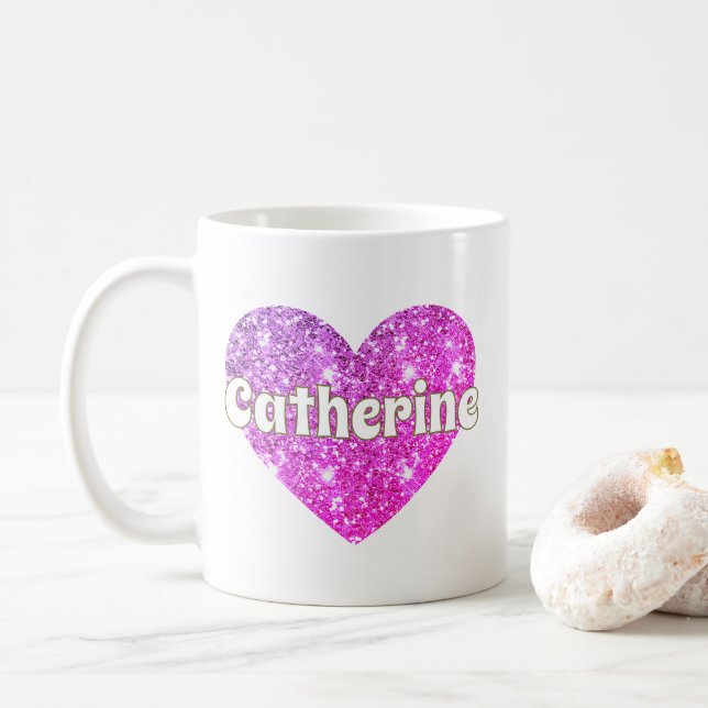 Taza De Café Nombre de corazón de purpurina rosa caliente Glam  (Con donut)