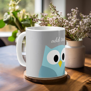 Taza De Café Nombre de encargo azul y gris del búho lindo del