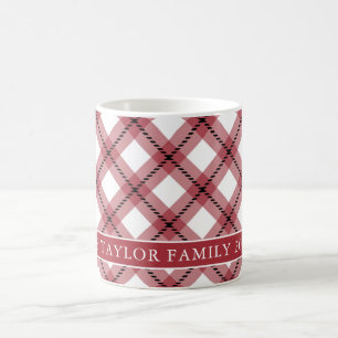 Taza De Café Nombre de Familia de Granja en Cuadros Argyle Rojo