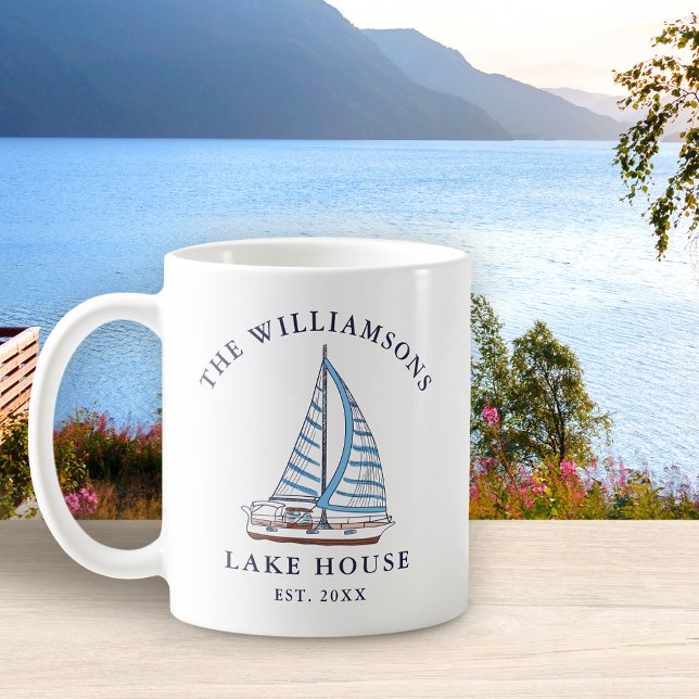 Taza De Café Nombre de familia Nautical Blue Sails Bot Lake Hou (Subido por el creador)