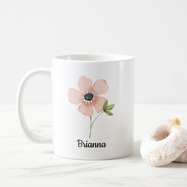 Taza De Café Nombre de flor de acuarela sonrosada (Con donut)