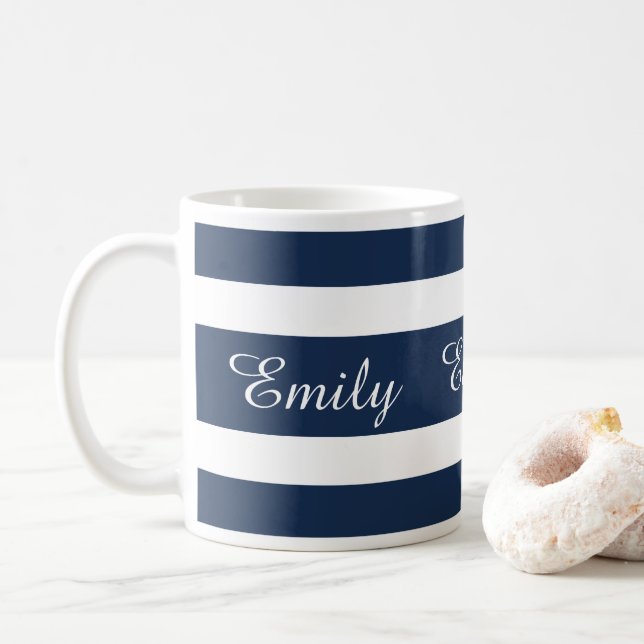 Taza De Café Nombre de franjas azules modernas (Con donut)
