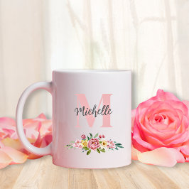 Taza De Café Nombre de guión de monograma inicial Flores acuáti
