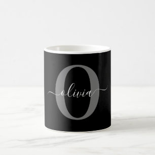 Taza De Café Nombre de guión de monograma personalizado Gris bl