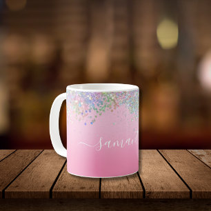 Taza De Café Nombre de guión de monograma rosa brillo glamour f