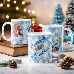Taza De Café Nombre de la familia del copo de nieve azul Navida