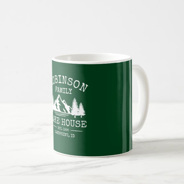 Taza De Café Nombre de la familia Lake House Trees Forest Green (Anverso derecho)