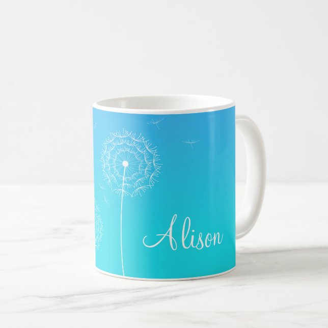 Taza De Café Nombre de las flores de dandelion blanco azul mini (Anverso derecho)