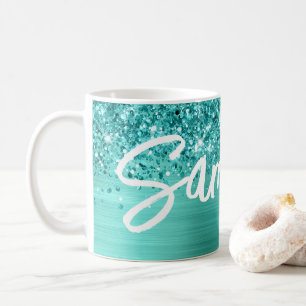 Taza De Café Nombre de letra de pincel Glam Turquesa Verde bril