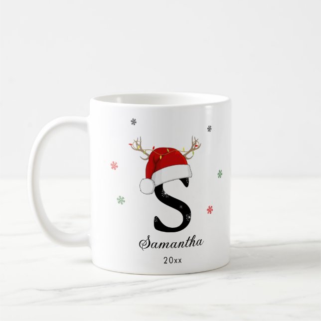 Taza De Café Nombre de letra Santa Hat | Monograma | Personaliz (Izquierda)