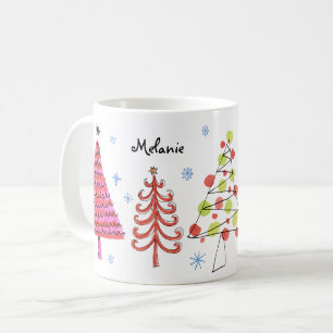 Taza De Café Nombre de los árboles de navidad rosados rojos y