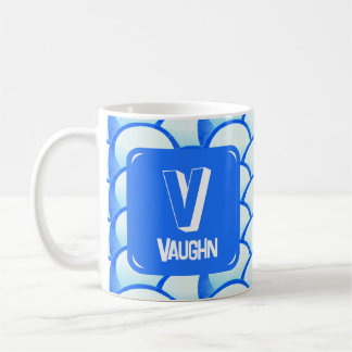 Taza De Café Nombre de monograma azul brillante geométrico inic