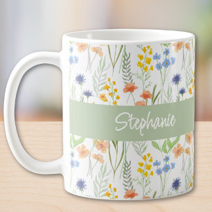 Taza De Café Nombre de monograma de acuarela de flor silvestre