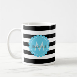 Taza De Café Nombre de monograma de flor azul rayado, blanco, n