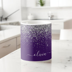 Taza De Café Nombre de monograma femenino con brillo plateado p