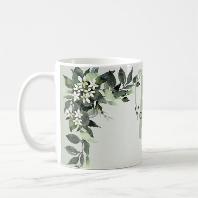 Taza De Café Nombre de Monograma Floral de Verde Hojas de Eucal (Izquierda)