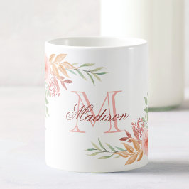 Taza De Café Nombre de monograma floral floral de color rosa pe