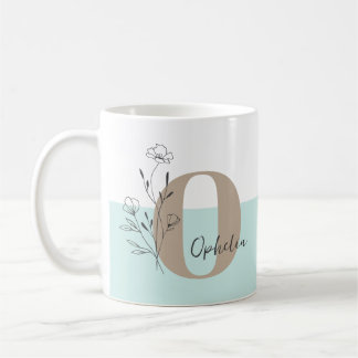 Taza De Café Nombre de monograma floral negrita Verde azulada