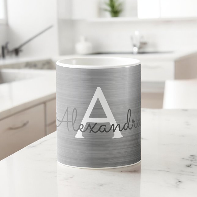Taza De Café Nombre de monograma metálico plateado e inicial (Subido por el creador)