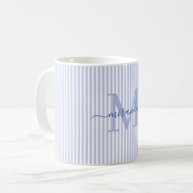 Taza De Café Nombre de Monograma Moderno de Raya Azul (Anverso izquierdo)
