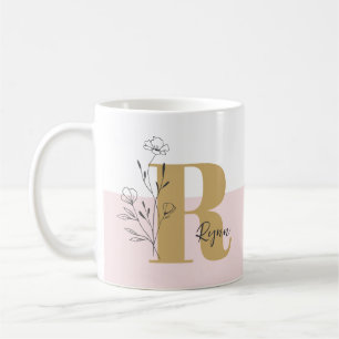 Taza De Café Nombre de monograma negrita floral rosa