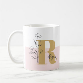 Taza De Café Nombre de monograma negrita floral rosa