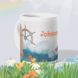 Taza De Café Nombre de niños Unicornio náutico Arcoíris