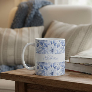 Taza De Café Nombre de patrón floral de acuarela azul moderno