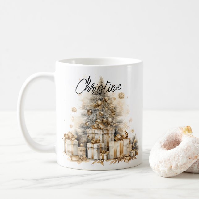 Taza De Café Nombre del árbol de Navidad retro Gold (Con donut)